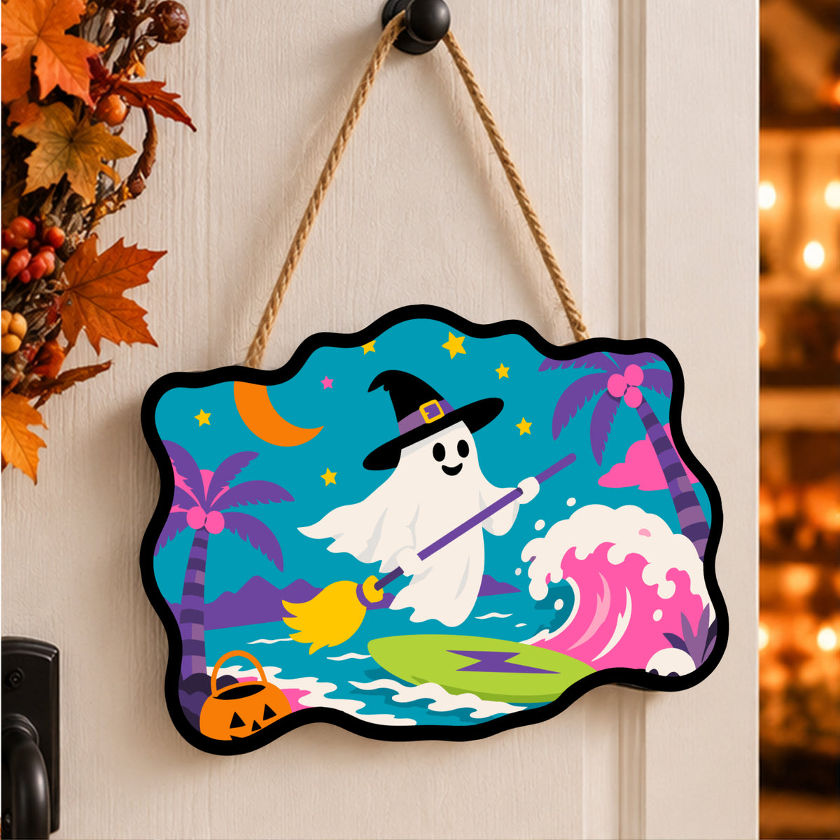 Pancarte Fantôme Surfeur Tropical peinte et accrochée à une porte d'entrée décorée pour Halloween — Maison Artsen