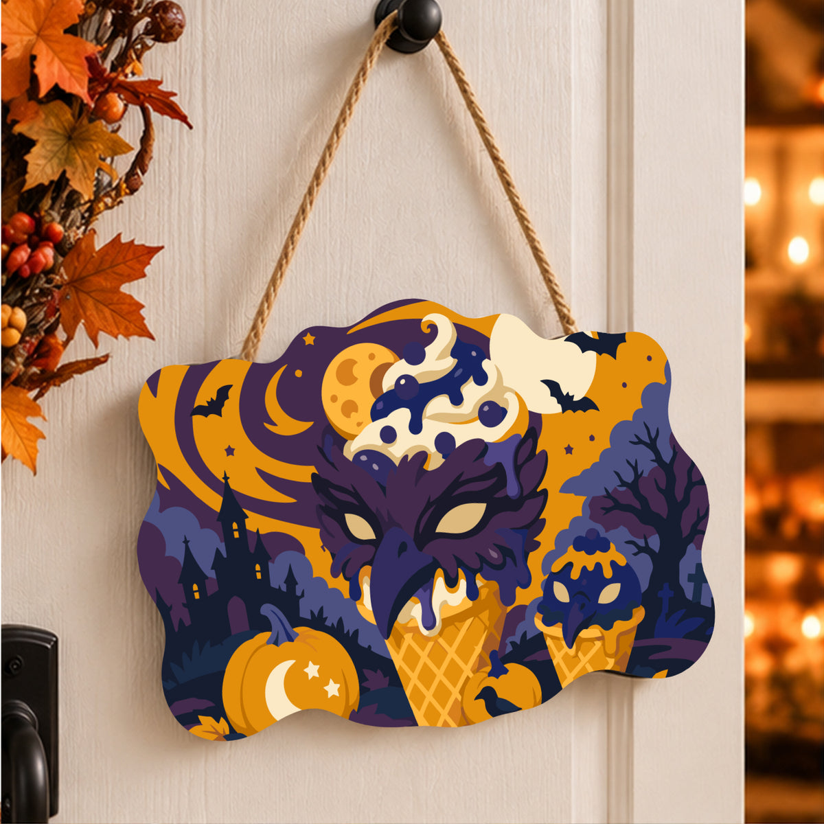 Pancarte Glace Monstre sous la Lune peinte et accrochée à une porte d'entrée décorée pour Halloween — Maison Artsen