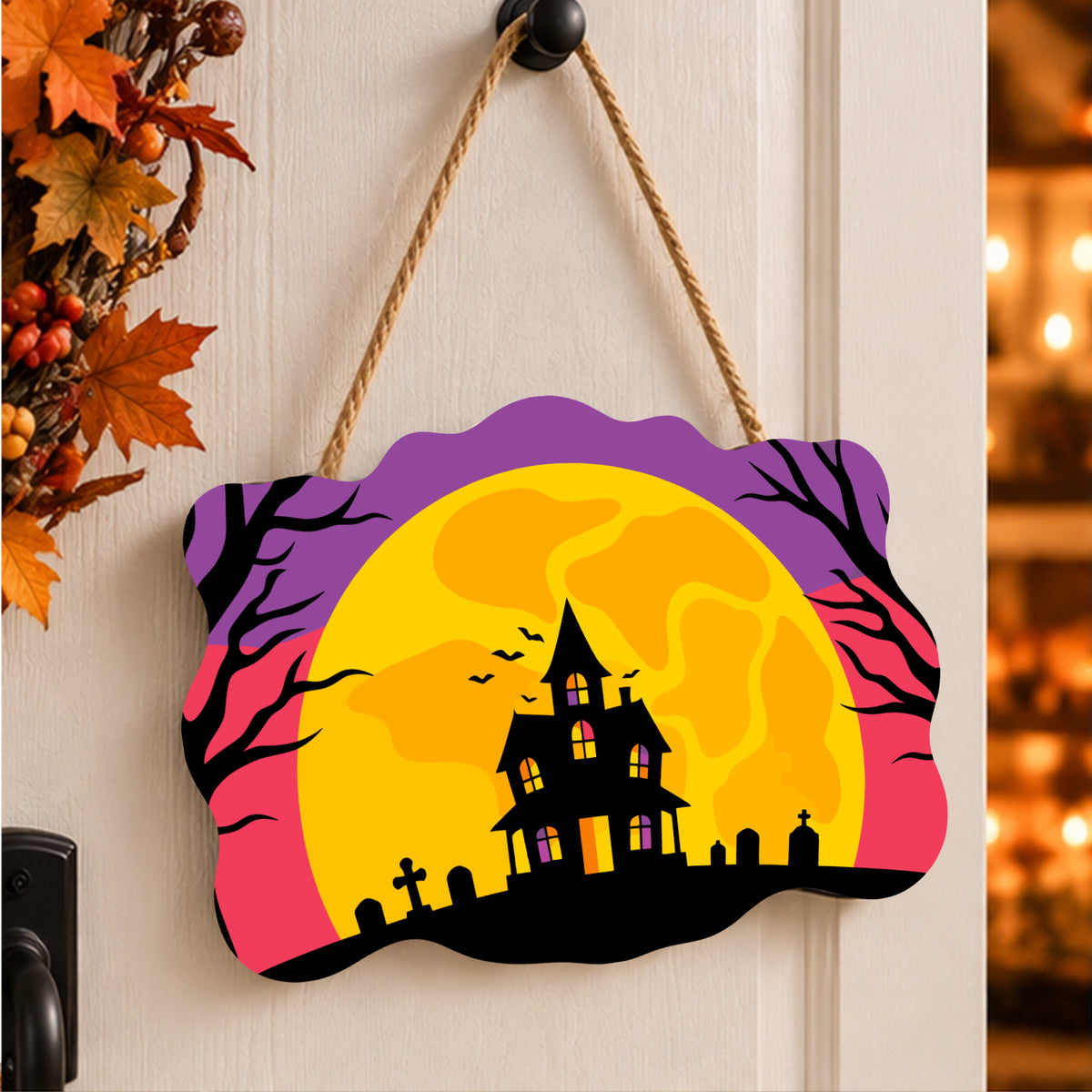 Pancarte Manoir Hanté et Cimetière peinte et accrochée à une porte d'entrée décorée pour Halloween — Maison Artsen