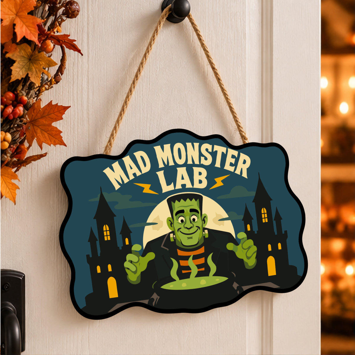 Pancarte Monstre au Chaudron Vert peinte et accrochée à une porte d'entrée décorée pour Halloween — Maison Artsen