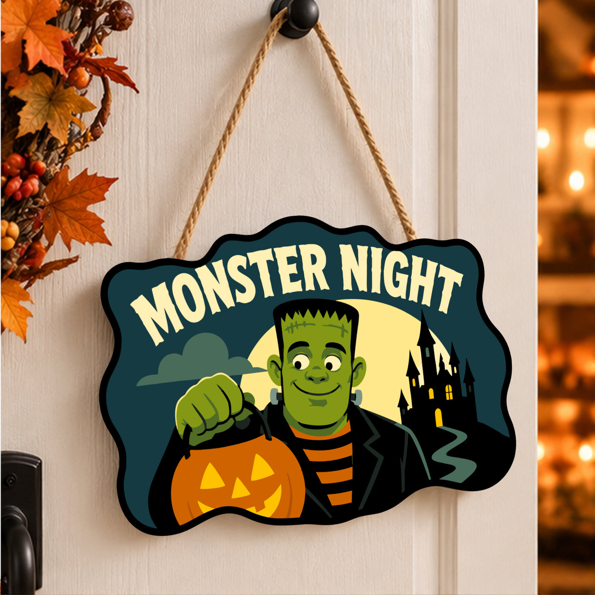 Pancarte Monstre au Panier Citrouille peinte et accrochée à une porte d'entrée décorée pour Halloween — Maison Artsen