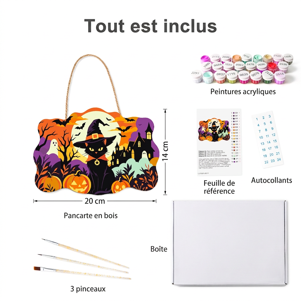 Tout ce que contient le kit : pancarte en bois, peintures, feuille de référence, autocollants, 3 pinceaux — Maison Artsen