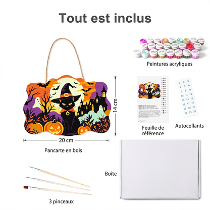 Tout ce que contient le kit : pancarte en bois, peintures, feuille de référence, autocollants, 3 pinceaux — Maison Artsen