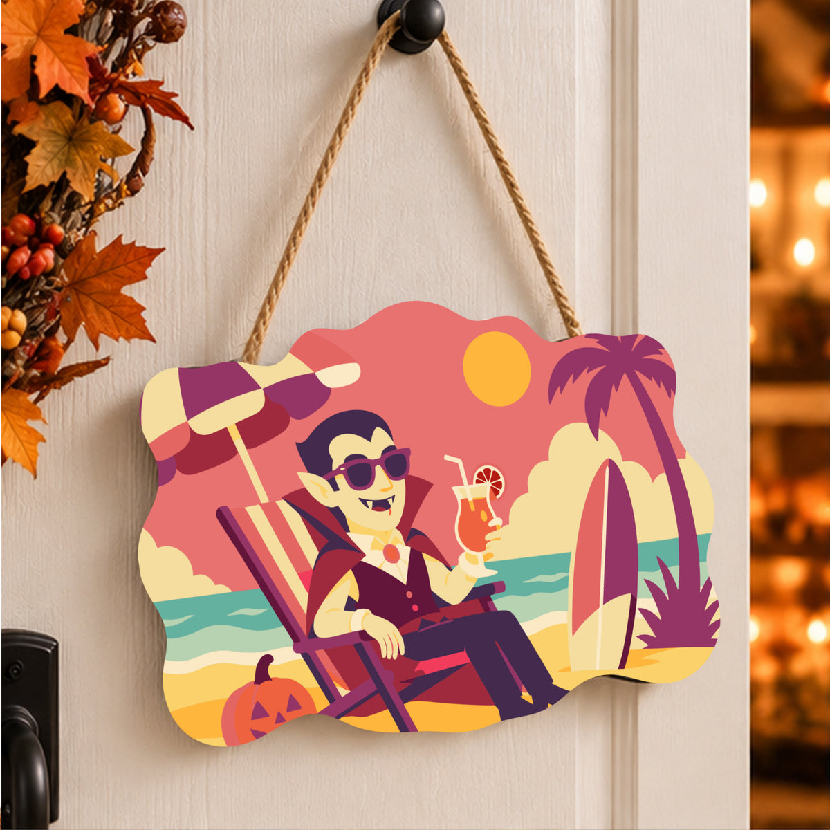 Pancarte Vampire en Transat peinte et accrochée à une porte d'entrée décorée pour Halloween — Maison Artsen