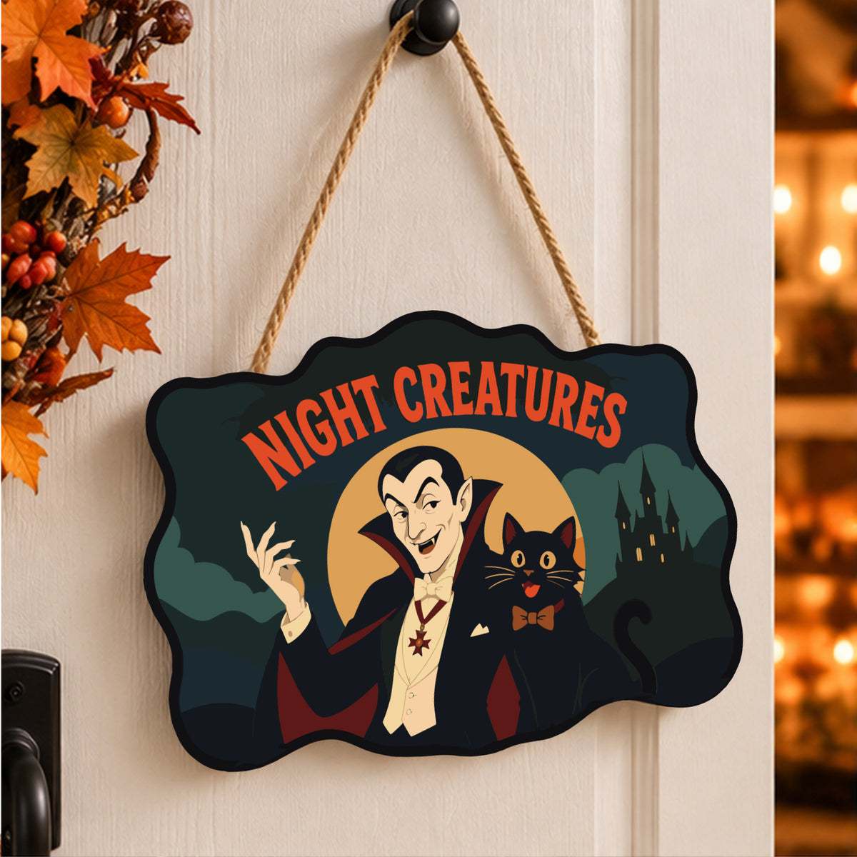 Pancarte Vampire et Chat Noir peinte et accrochée à une porte d'entrée décorée pour Halloween — Maison Artsen