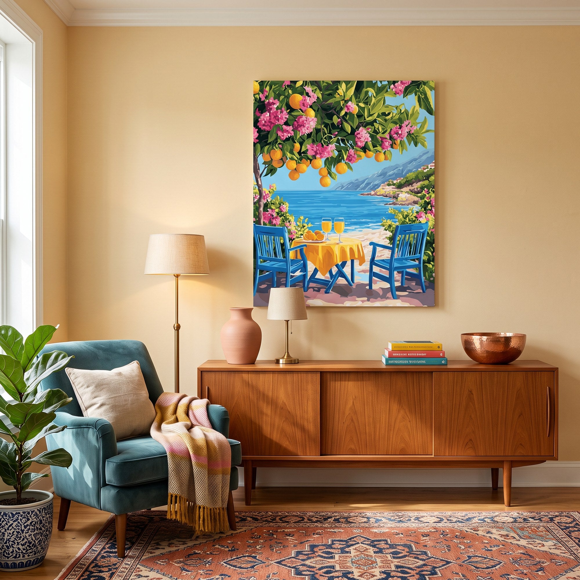 Tableau peinture par numéro Agrumes en Bord de Mer accroché dans un intérieur décoré — Maison Artsen