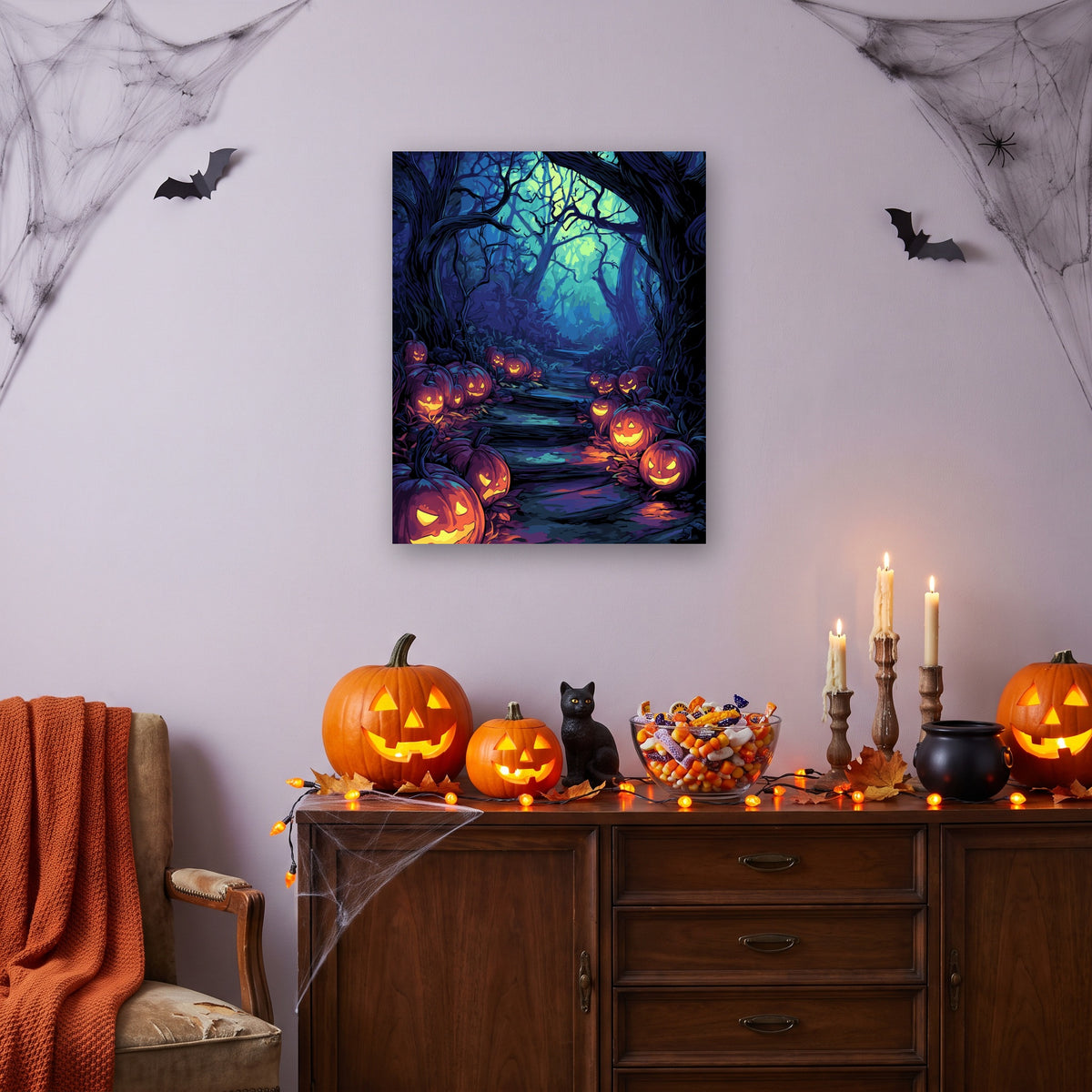 Tableau peinture par numéro Allée aux Lanternes accroché dans un salon décoré pour Halloween — Maison Artsen