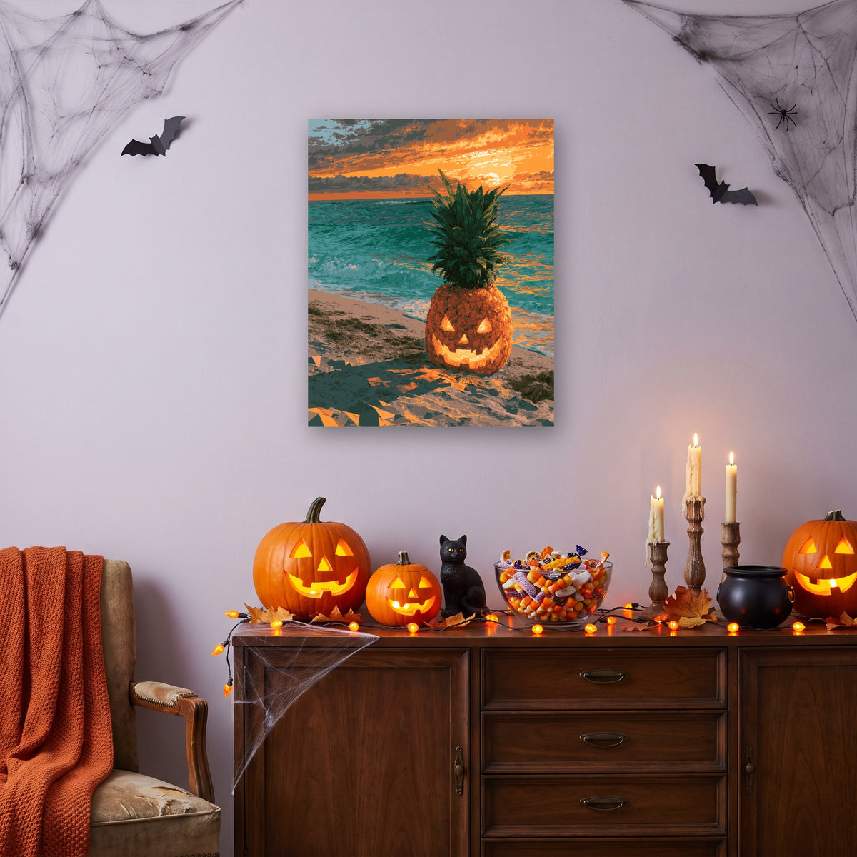 Tableau peinture par numéro Ananas Lanterne accroché dans un salon décoré pour Halloween — Maison Artsen