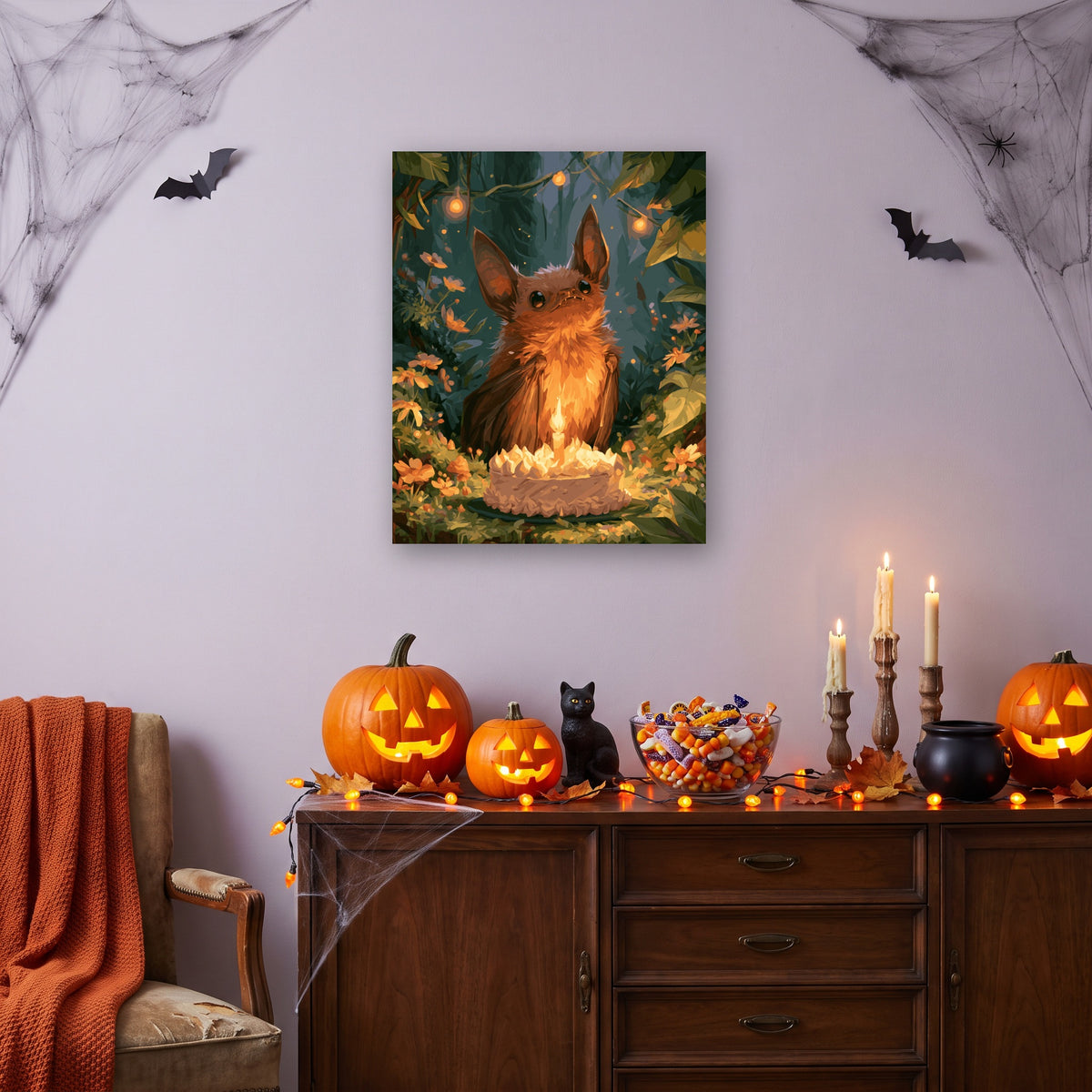 Tableau peinture par numéro Anniversaire de la Chauve-Souris accroché dans un salon décoré pour Halloween — Maison Artsen