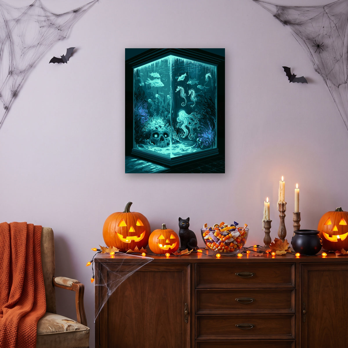 Tableau peinture par numéro Aquarium Fantôme accroché dans un salon décoré pour Halloween — Maison Artsen