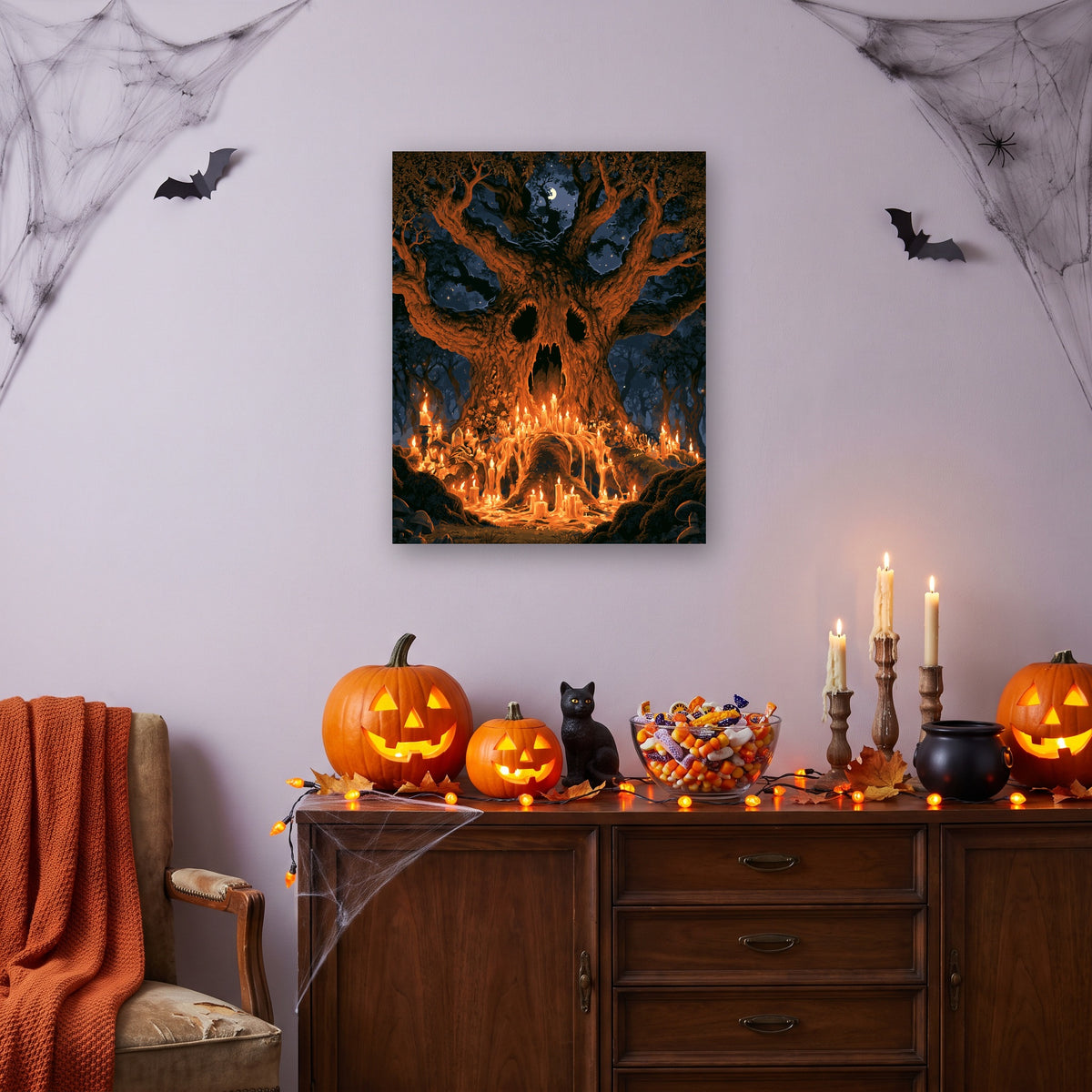 Tableau peinture par numéro Arbre aux Mille Bougies accroché dans un salon décoré pour Halloween — Maison Artsen