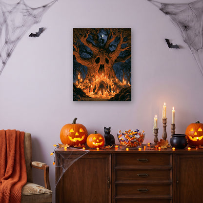 Tableau peinture par numéro Arbre aux Mille Bougies accroché dans un salon décoré pour Halloween — Maison Artsen