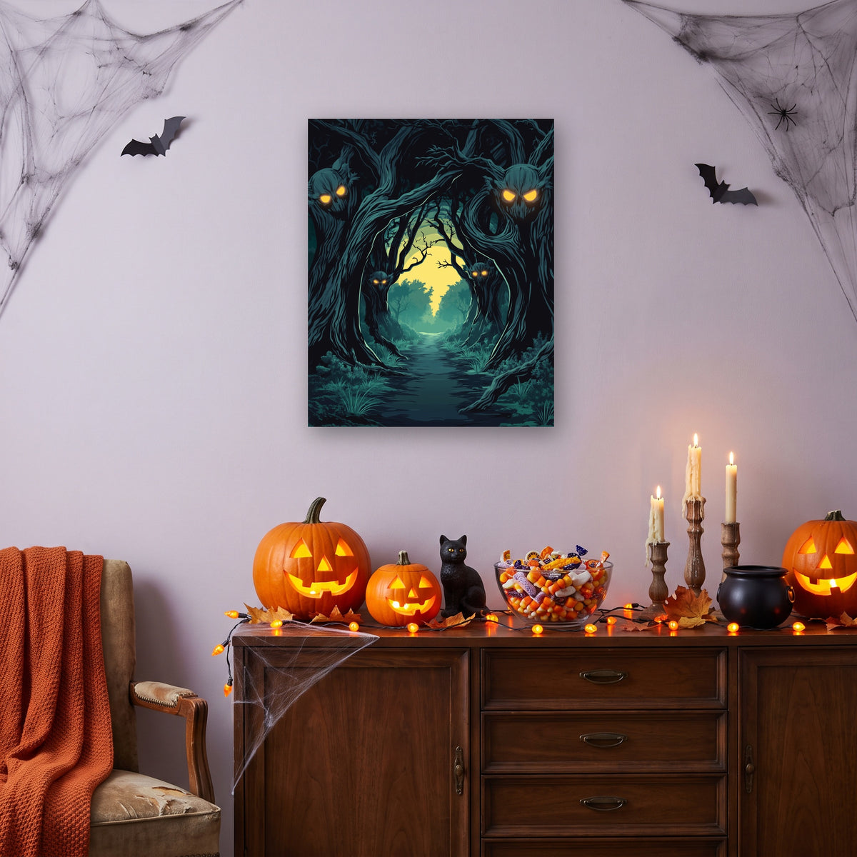 Tableau peinture par numéro Arbres aux Yeux d'Or accroché dans un salon décoré pour Halloween — Maison Artsen