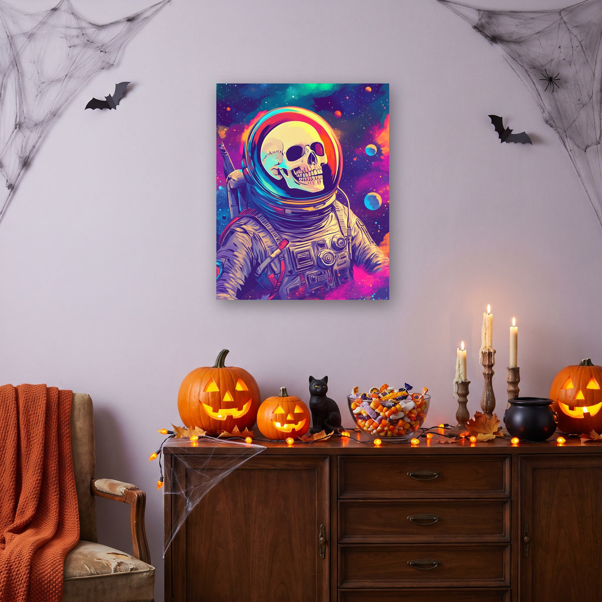 Tableau peinture par numéro Astronaute Squelette accroché dans un intérieur décoré, Maison Artsen