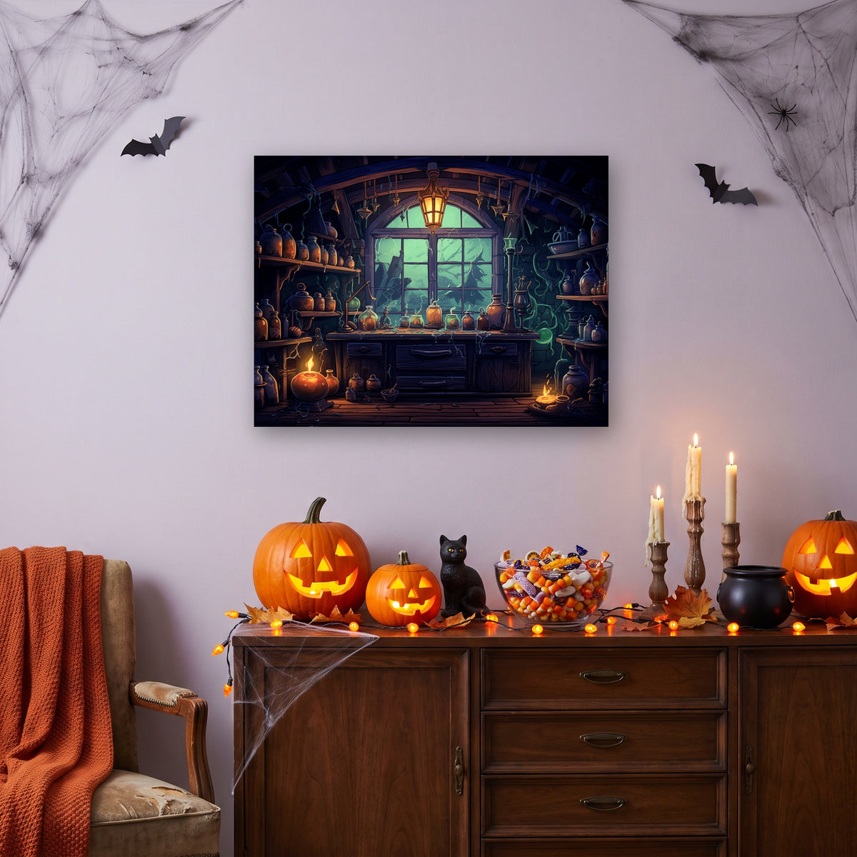 Tableau peinture par numéro Atelier de la Sorcière accroché dans un salon décoré pour Halloween — Maison Artsen