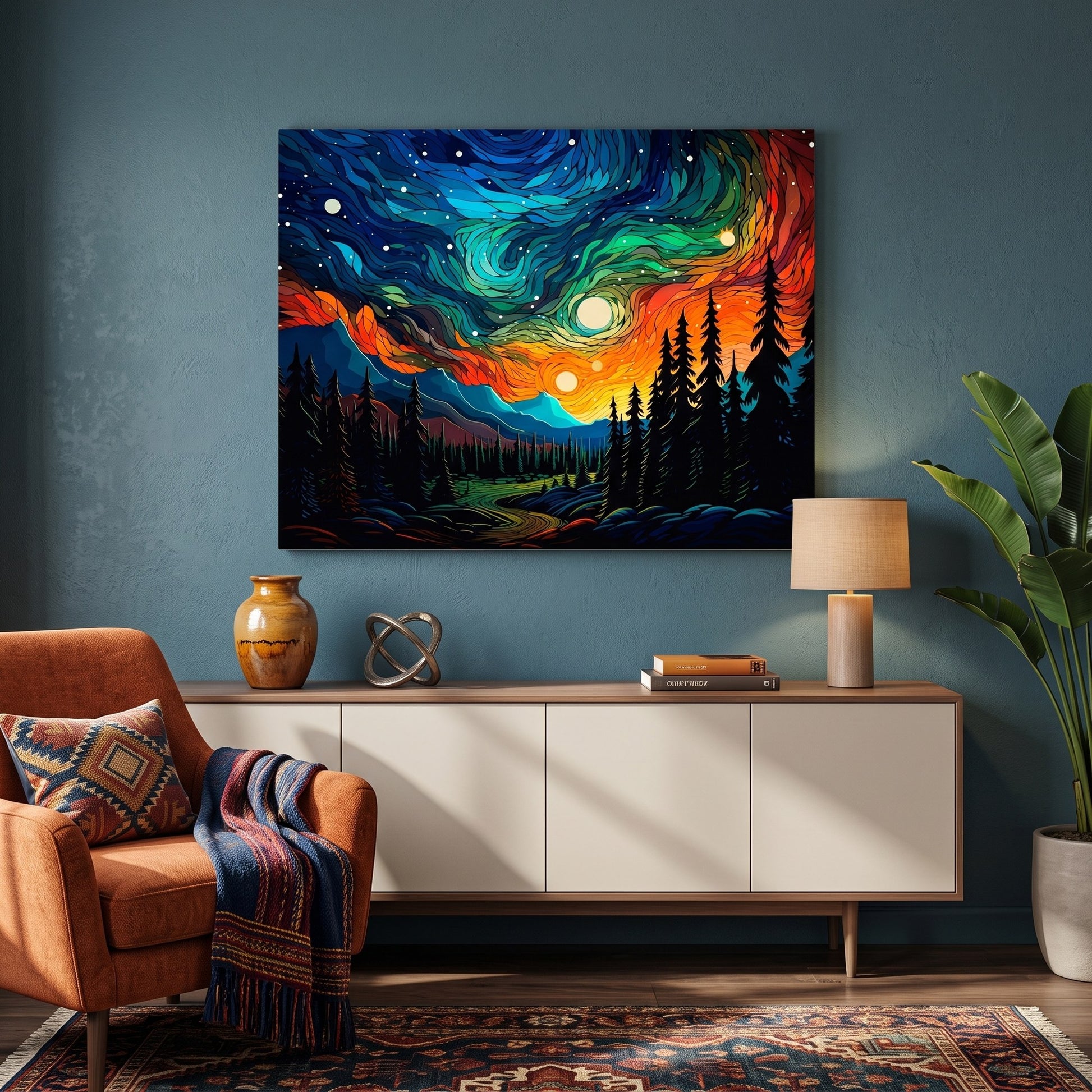 Tableau peinture par numéro Aurores sur la Forêt accroché dans un intérieur décoré — Maison Artsen