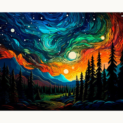 Modèle à peindre Aurores sur la Forêt, peinture par numéro 30×40 cm — Maison Artsen