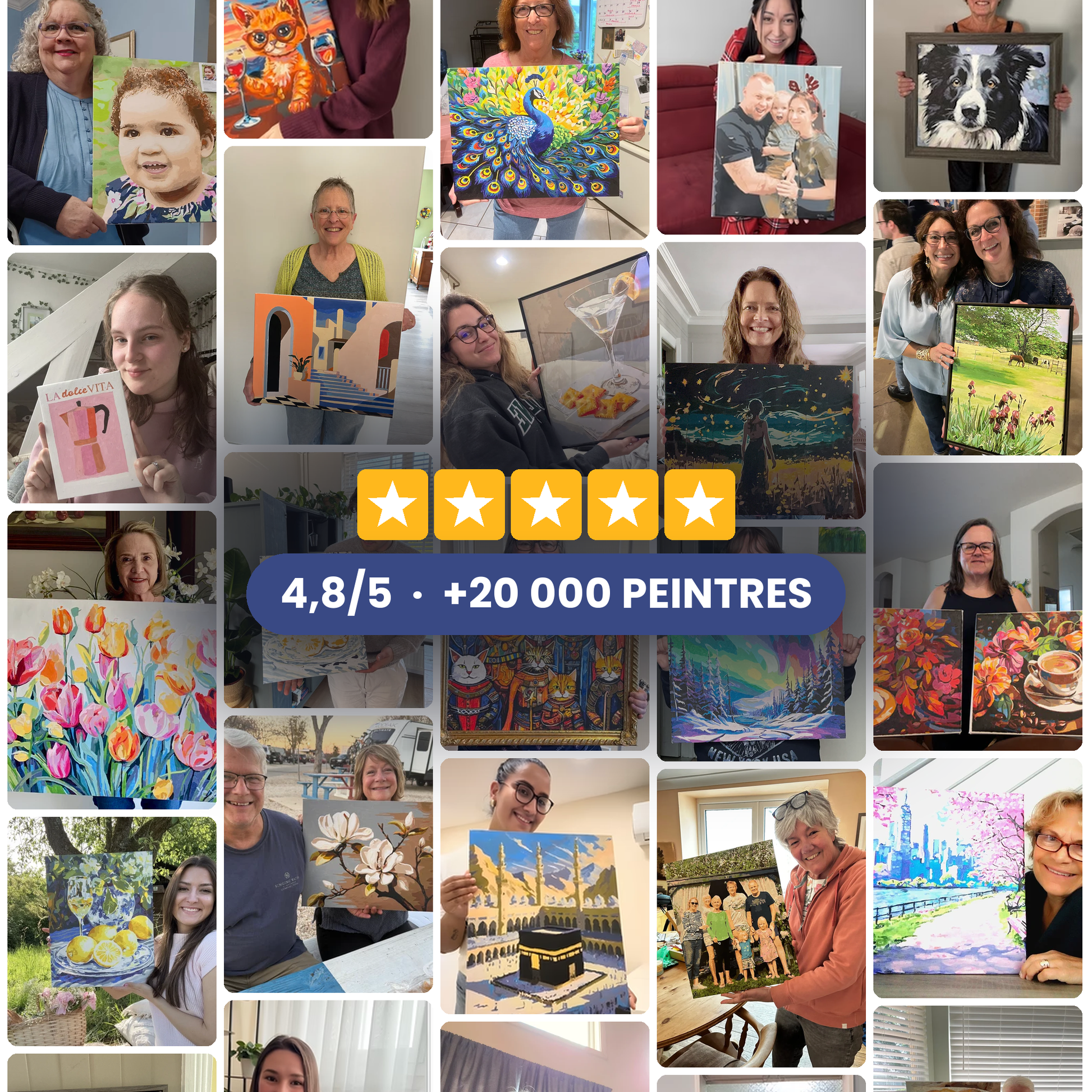 Photos de personnes posant avec leur peinture par numéro terminée : note de 4,8/5 et plus de 20 000 peintres.