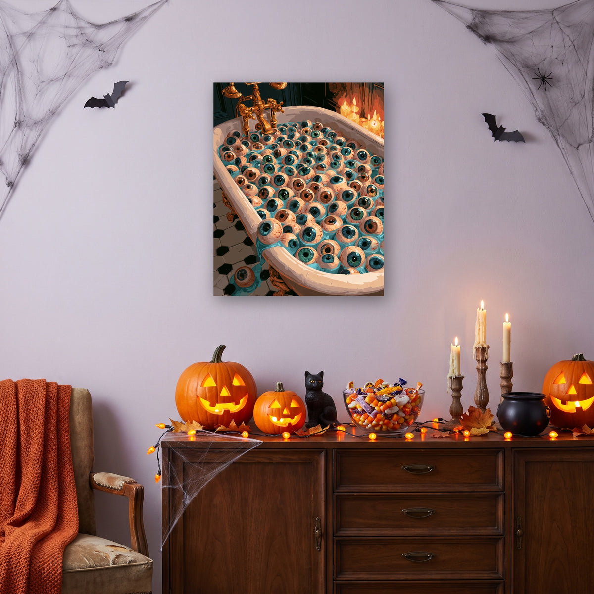 Tableau peinture par numéro Baignoire aux Cent Yeux accroché dans un salon décoré pour Halloween — Maison Artsen