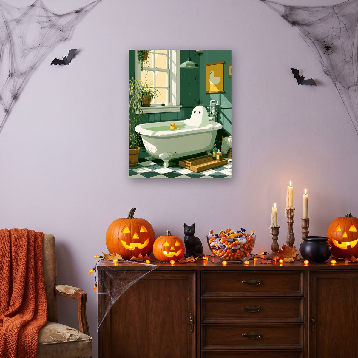 Tableau peinture par numéro Bain de Douceur accroché dans un salon décoré pour Halloween — Maison Artsen
