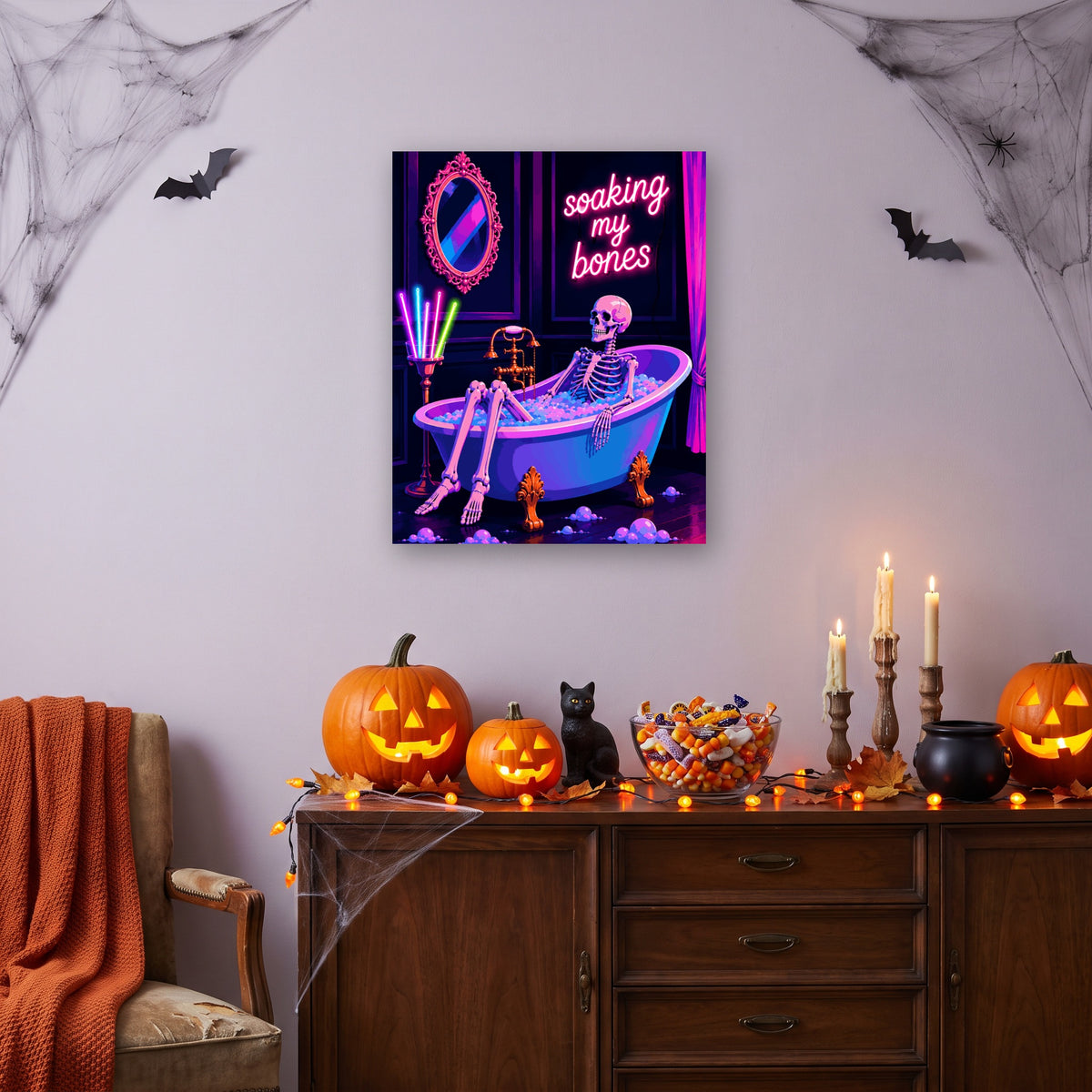 Tableau peinture par numéro Bain de Néons accroché dans un salon décoré pour Halloween — Maison Artsen