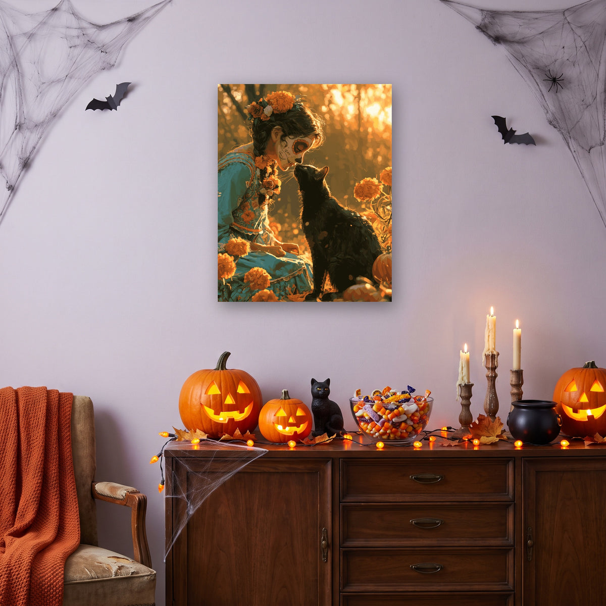 Tableau peinture par numéro Baiser de la Catrina accroché dans un salon décoré pour Halloween — Maison Artsen