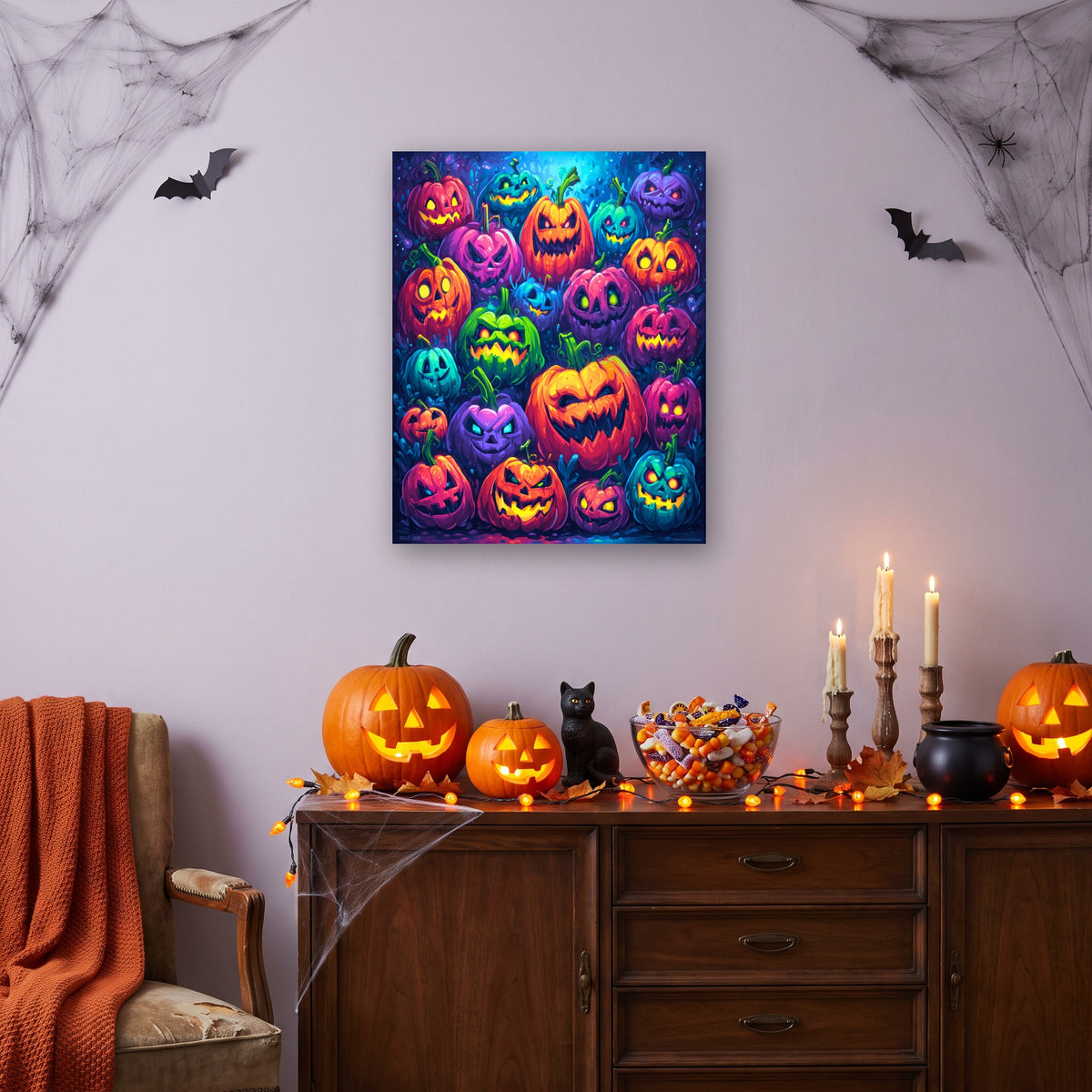 Tableau peinture par numéro Bande de Citrouilles accroché dans un salon décoré pour Halloween — Maison Artsen