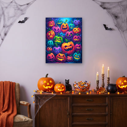 Tableau peinture par numéro Bande de Citrouilles accroché dans un salon décoré pour Halloween — Maison Artsen