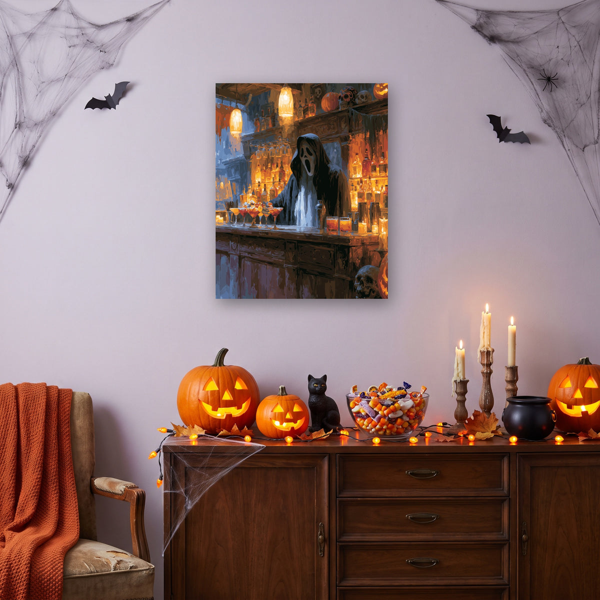 Tableau peinture par numéro Bar Hanté accroché dans un salon décoré pour Halloween — Maison Artsen