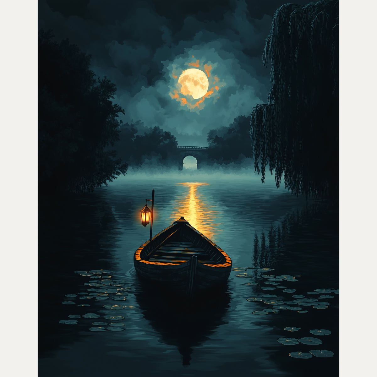 Peinture par numéro adulte Barque sous la Lune, visuel complet du design — Maison Artsen