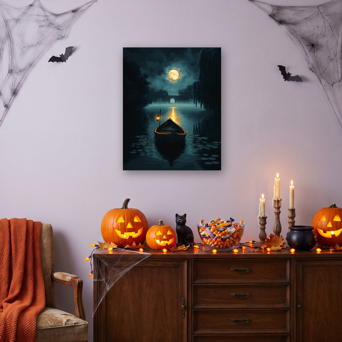 Tableau peinture par numéro Barque sous la Lune accroché dans un salon décoré pour Halloween — Maison Artsen