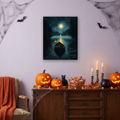 Tableau peinture par numéro Barque sous la Lune accroché dans un salon décoré pour Halloween — Maison Artsen