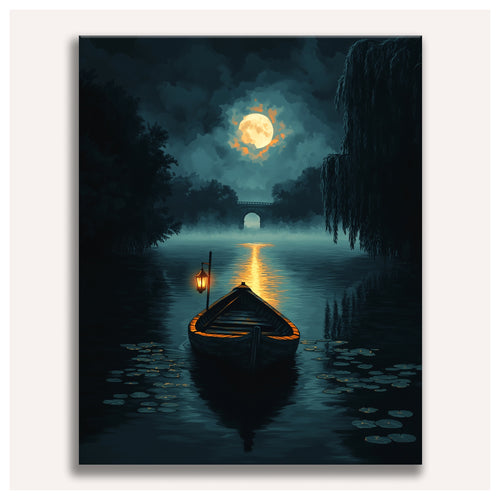 Peinture par numéro adulte Barque sous la Lune, toile tendue vue de face — Maison Artsen