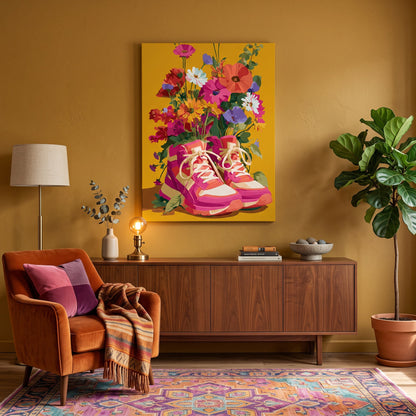 Tableau peinture par numéro Baskets Fleuries accroché dans un intérieur décoré — Maison Artsen