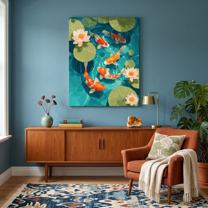 Tableau peinture par numéro Bassin aux Koi accroché dans un intérieur décoré — Maison Artsen