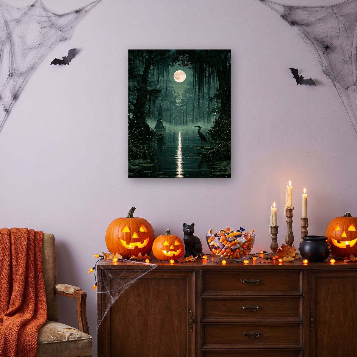 Tableau peinture par numéro Bayou sous la Lune accroché dans un salon décoré pour Halloween — Maison Artsen
