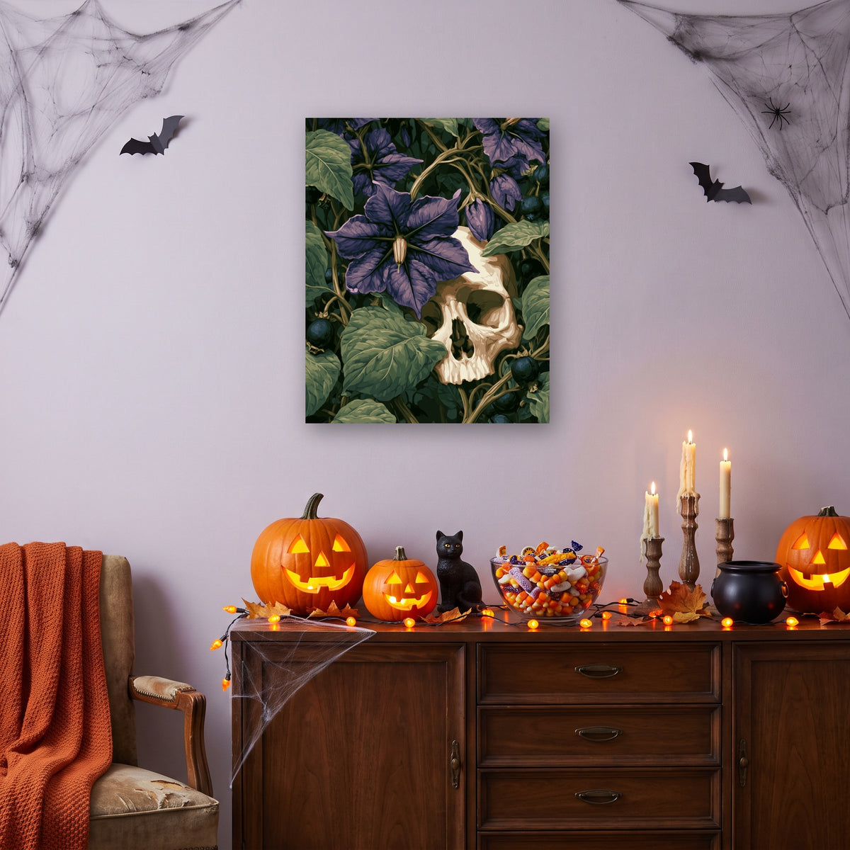 Tableau peinture par numéro Belladone et Crâne accroché dans un salon décoré pour Halloween — Maison Artsen