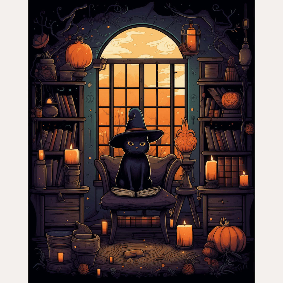 Peinture par numéro adulte Bibliothèque du Chat Noir, visuel complet du design — Maison Artsen