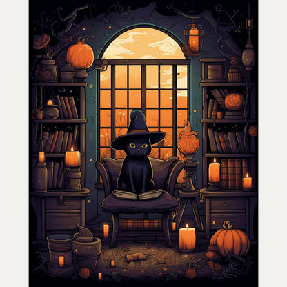 Peinture par numéro adulte Bibliothèque du Chat Noir, visuel complet du design — Maison Artsen