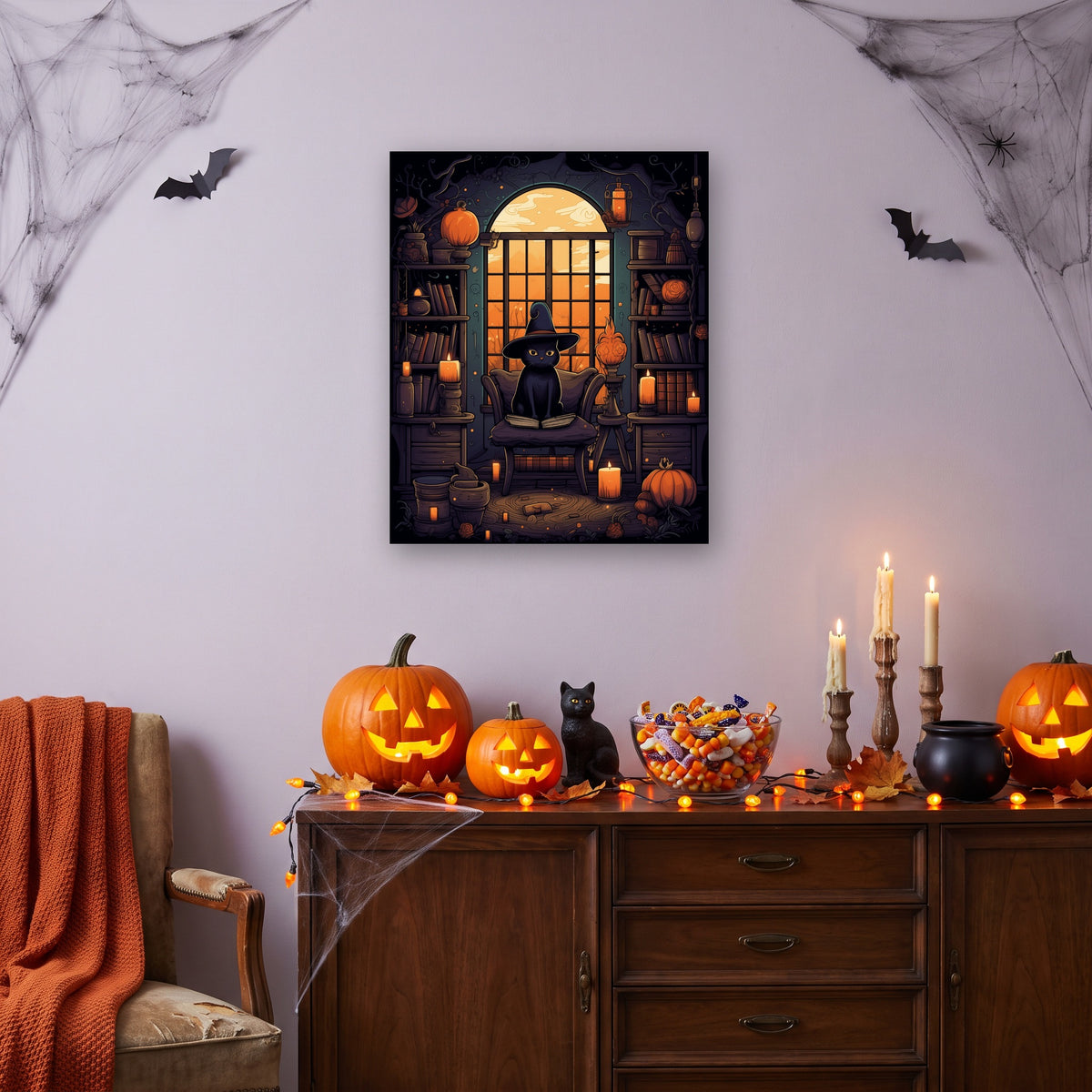 Tableau peinture par numéro Bibliothèque du Chat Noir accroché dans un salon décoré pour Halloween — Maison Artsen