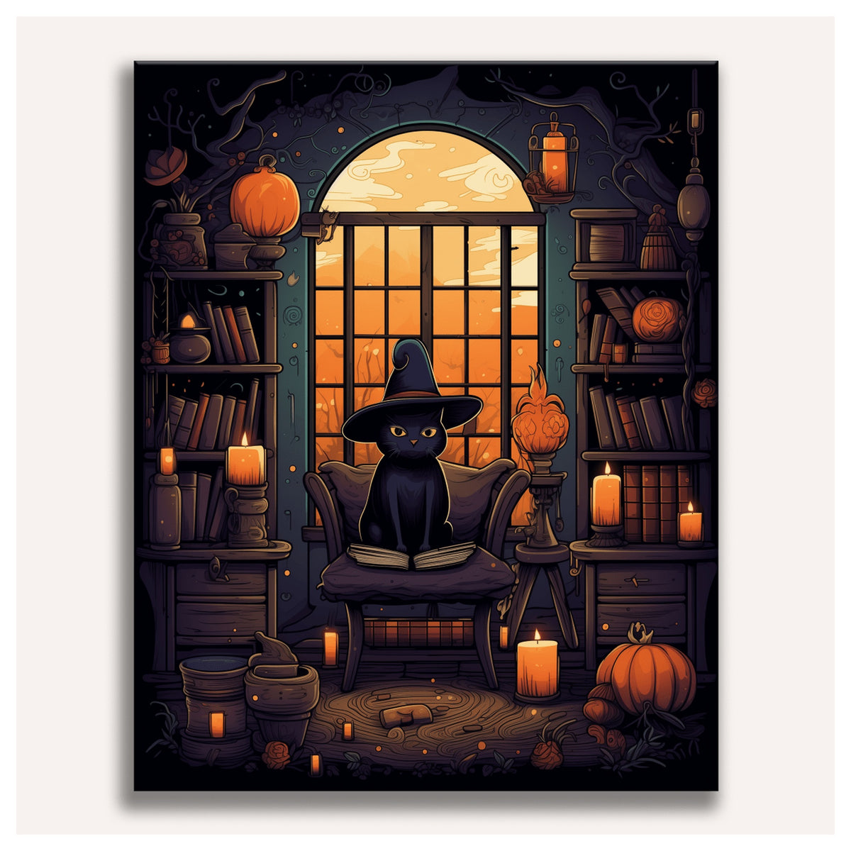 Peinture par numéro adulte Bibliothèque du Chat Noir, toile tendue vue de face — Maison Artsen