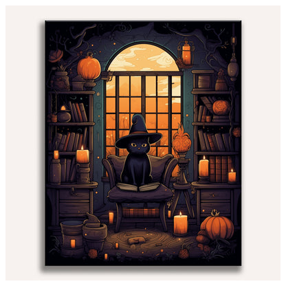 Peinture par numéro adulte Bibliothèque du Chat Noir, toile tendue vue de face — Maison Artsen