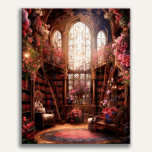 Peinture par numéro adulte Bibliothèque florale enchantée, toile tendue 30×40 cm — Maison Artsen