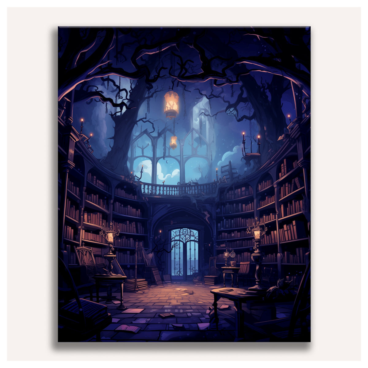 Peinture par numéro adulte Bibliothèque Hantée, visuel complet du design sur toile, Maison Artsen