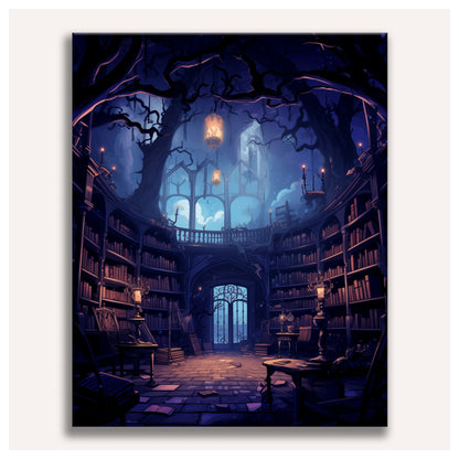 Peinture par numéro adulte Bibliothèque Hantée, visuel complet du design sur toile, Maison Artsen