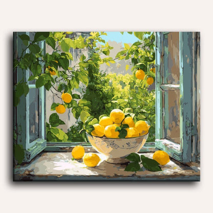 Peinture par numéro adulte Bol de citrons à la fenêtre, visuel complet du design sur toile — Maison Artsen