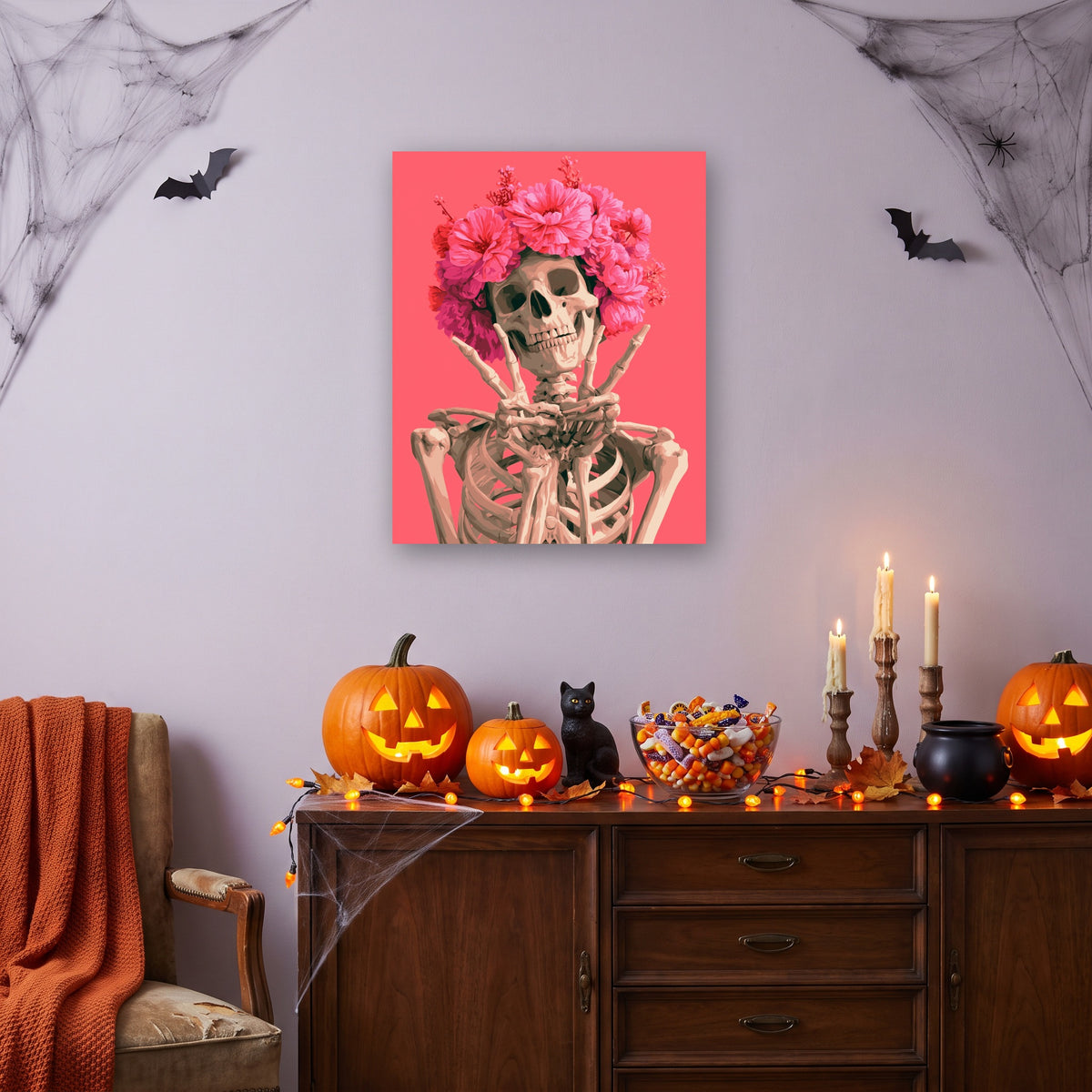 Tableau peinture par numéro Bonnes Ondes accroché dans un salon décoré pour Halloween — Maison Artsen