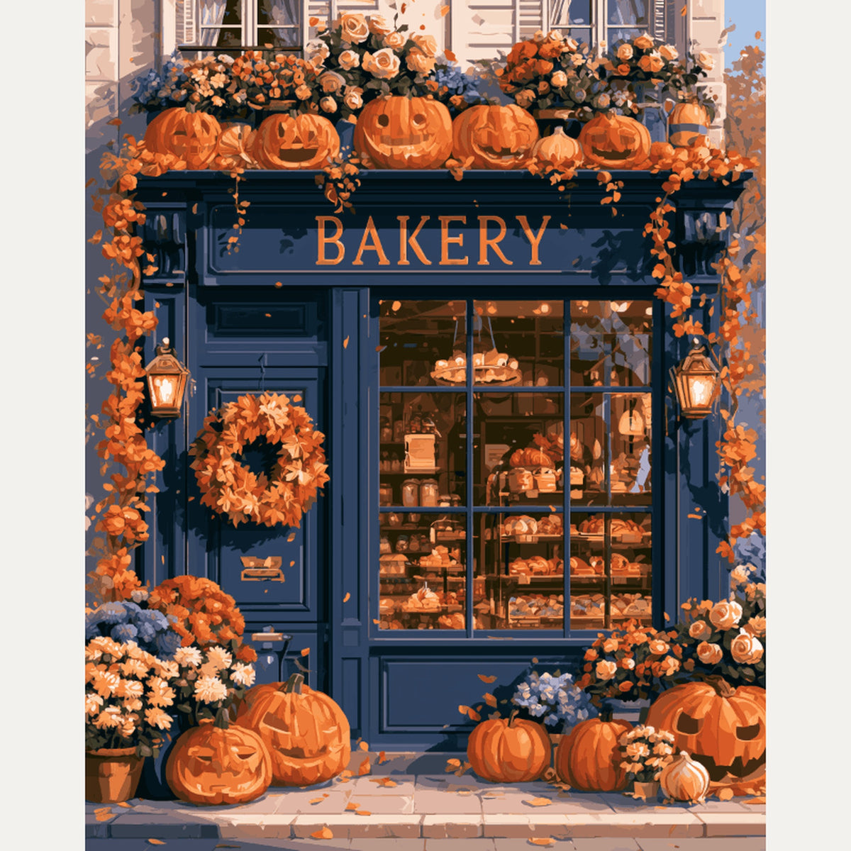 Peinture par numéro adulte Boulangerie d'Automne, visuel complet du design — Maison Artsen
