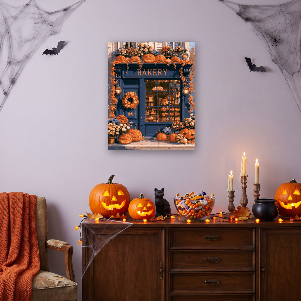Tableau peinture par numéro Boulangerie d'Automne accroché dans un salon décoré pour Halloween — Maison Artsen