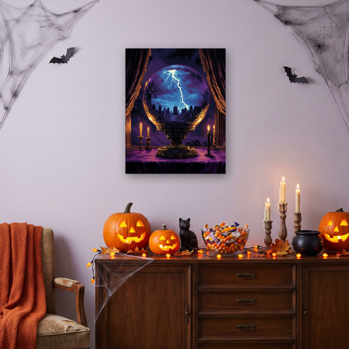 Tableau peinture par numéro Boule de Cristal accroché dans un salon décoré pour Halloween — Maison Artsen